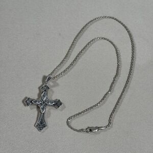 Sterling Silver Cross Necklace Marcasite Clear Crystal 18 in Italian Chain *FLAW